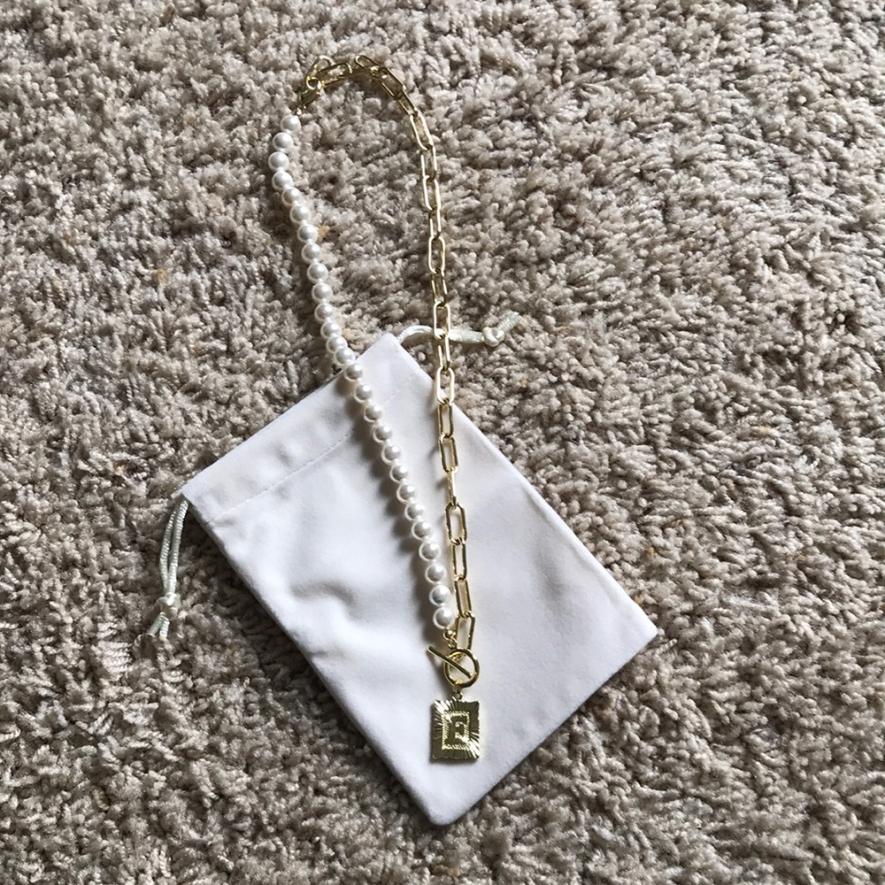 Pearl And Gold Chain Letter E Charm Necklace